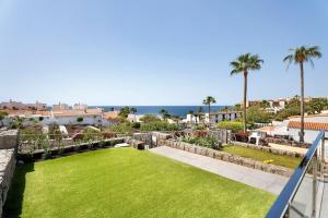 a view of a yard with palm trees and the ocean at Fantastic Villa Verano in San Miguel de Abona