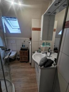 a bathroom with a sink and a toilet and a skylight at Haus Sonnenschein in Bad Bertrich +33 photos