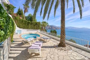 a patio with a swimming pool and a palm tree at El Nido in Almuñécar