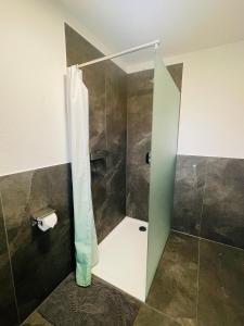a shower with a glass door in a bathroom at Ferienwohnung Adelsried 2 in Adelsried +17 photos