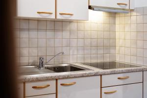 a kitchen with a stainless steel sink and white cabinets at Haus Lena in Solda
