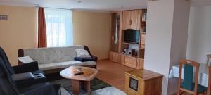 a living room with a couch and a tv at Zur Schmiede in Hasselförde