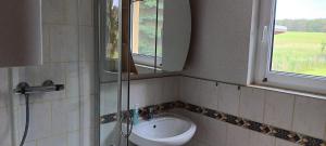 a bathroom with a sink and a mirror and a window at Zur Schmiede in Hasselförde