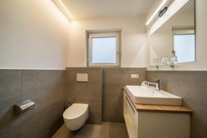 a bathroom with a sink and a toilet and a mirror at Ferienwohnung Lamm 4 in San Valentino alla Muta +9 photos