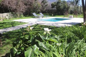 a garden with a pool with two chairs and flowers at Villa Casa do Outeiro in Guilhabreu