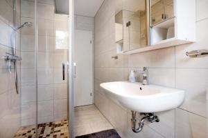 a white bathroom with a sink and a shower at Gästewohnung am Schwanenteich in Mittweida +17 photos