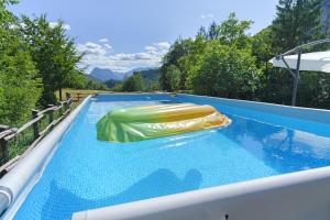 a blue swimming pool with a green and yellow inflatable at Chalet Camillo in Moline