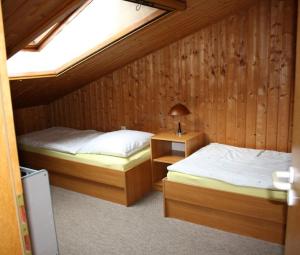 two twin beds in a room with a skylight at Ferienhof Reimers in Wesselburenerkoog