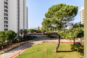 a tree in a park next to a building at Sunset Troia Beach in Troia