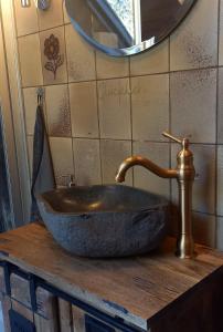 a stone sink on a wooden counter with a mirror at Landhauswohnung Alte Mühle in Berlinghausen +19 photos