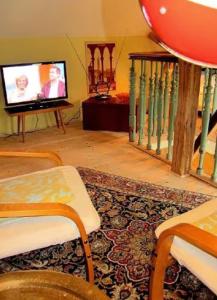 a living room with a tv and some chairs and a rug at Villa Ilsebill in Ribnitz-Damgarten