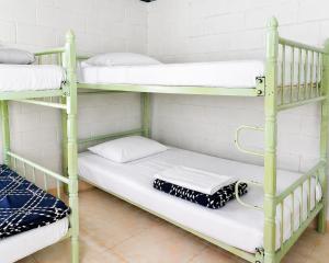 a room with two bunk beds with white pillows at Casita entera en Salento para 10 personas cerca a la plaza in Salento