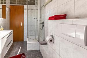 a bathroom with a shower and a toilet and a sink at Haus Elfi in Hausen am Tann +20 photos