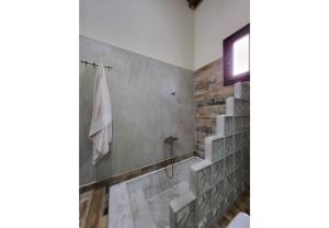 a bathroom with a shower and a television on a wall at Villa Two Pine Trees in Alinda +32 photos