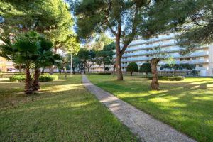 a path in a park with trees and a building at Logroño in Salou
