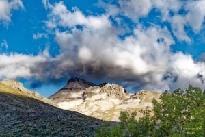 a mountain under a cloudy sky with trees in the foreground at studio la joue du loup in Le Dévoluy +2 photos