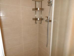 a shower in a bathroom with a shower curtain at studio la joue du loup in Le Dévoluy