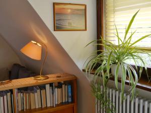 a staircase with a book shelf and a lamp and a plant at Ferienwohnung Lahr in Lahr
