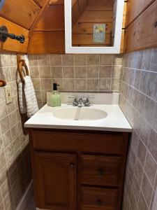 a bathroom with a sink and a mirror at Red Sleigh Chalet - Campton in Campton +17 photos