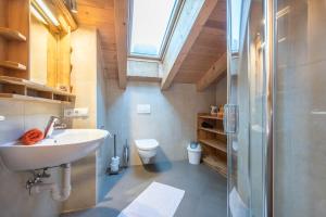 a bathroom with a sink and a shower and a toilet at Raffreiderhof Apt Zirbe in Luson +35 photos