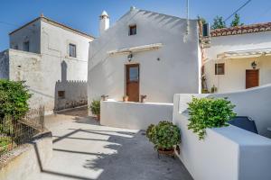 a white house with white walls and potted plants at Angel’s studio in Potamós