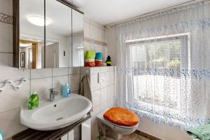 a bathroom with a sink and a toilet and a window at Ferienwohnung im Burgenland in Freyburg +14 photos