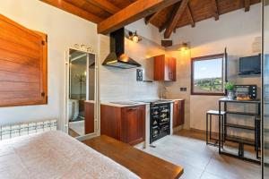 a kitchen with wooden cabinets and a counter top at La Manzana in Candamin