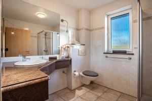 a bathroom with a sink and a toilet and a window at Habichtssicht in Buschvitz