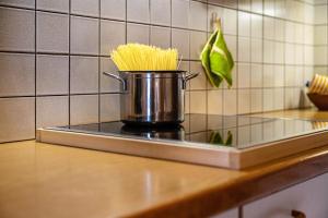 a pot of spaghetti sitting on a stove in a kitchen at App Sonnenschein - Duregger in Campo Tures +16 photos