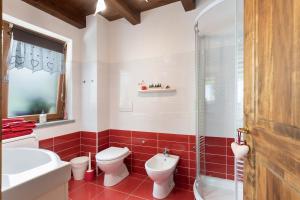 a bathroom with a toilet and a sink and a shower at La casa di Alice in Gignod +25 photos