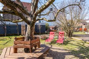 a tree and two red chairs in a yard at Winzercafé Neipperg in Brackenheim