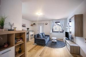 a living room with a couch and a television at Erkheim in Erkheim