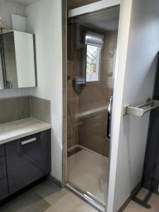 a shower with a glass door in a bathroom at Maison De Bord De Mer in Pirou +19 photos