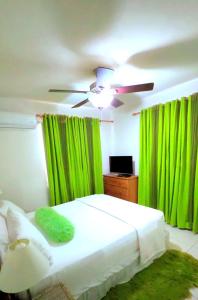 a bedroom with a bed with green curtains and a ceiling fan at Cool Stay in Christ Church +3 photos