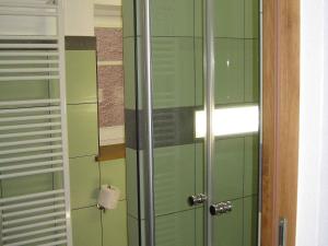 a bathroom with green tile walls and a shower at Damkröger 2 Inselwohnung - Seeblick in Lindau +4 photos