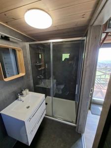 a bathroom with a white sink and a shower at Sümeg Horizon in Sümeg