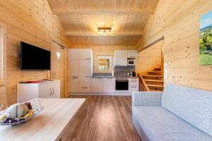 a living room with wooden walls and wooden flooring at Chalets Jettweiler in Stockach