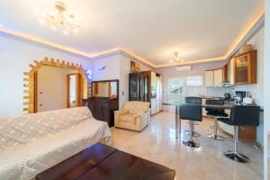 a living room with a bed and a kitchen at Panorama House Petritis in Petrití
