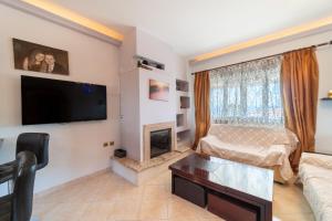 a living room with a tv and a fireplace at Panorama House Petritis in Petrití