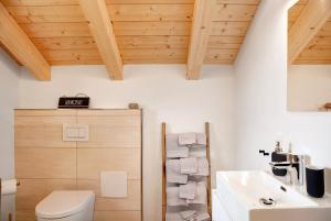 a bathroom with a white toilet and a sink at Alpenloft Meditz in Unterammergau +23 photos