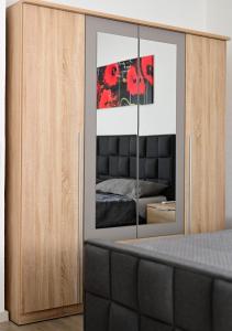 a bedroom with a dresser with a mirror at Ferienwohnung Zum Steiger in Bleicherode