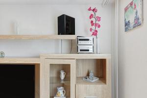 a book shelf with a dvd player and a radio at Ferienwohnung Honacker in Steißlingen