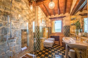 a stone bathroom with a toilet and a sink at Podere Erbolino in Gaiole in Chianti +26 photos