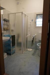 a bathroom with a shower and a toilet at Oliva's House con giardino in Palazzolo dello Stella +36 photos