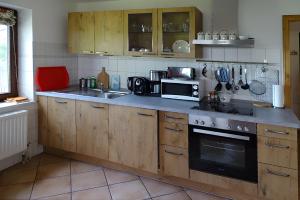 a kitchen with a stove and a microwave at Ferienwohnung Achterndiek in Galmsbüll +5 photos