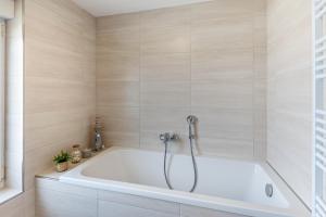 a bath tub with a shower in a bathroom at Ferienhaus Heidi in Bad Düben +22 photos