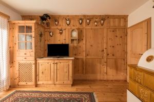 a living room with wooden walls and a television at Ferienwohnung Sella Seis in Siusi