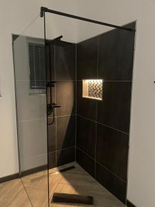 a shower with a glass door in a bathroom at Design Apartment Flair u Komfort in Meschede
