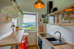 a small kitchen with a sink and a window at Heimelig im Allgäu in Lindenberg im Allgäu
