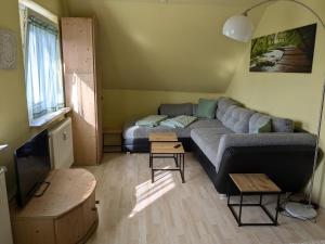 a living room with a couch and a tv at Ferienwohnung Alafia in Veitsbronn